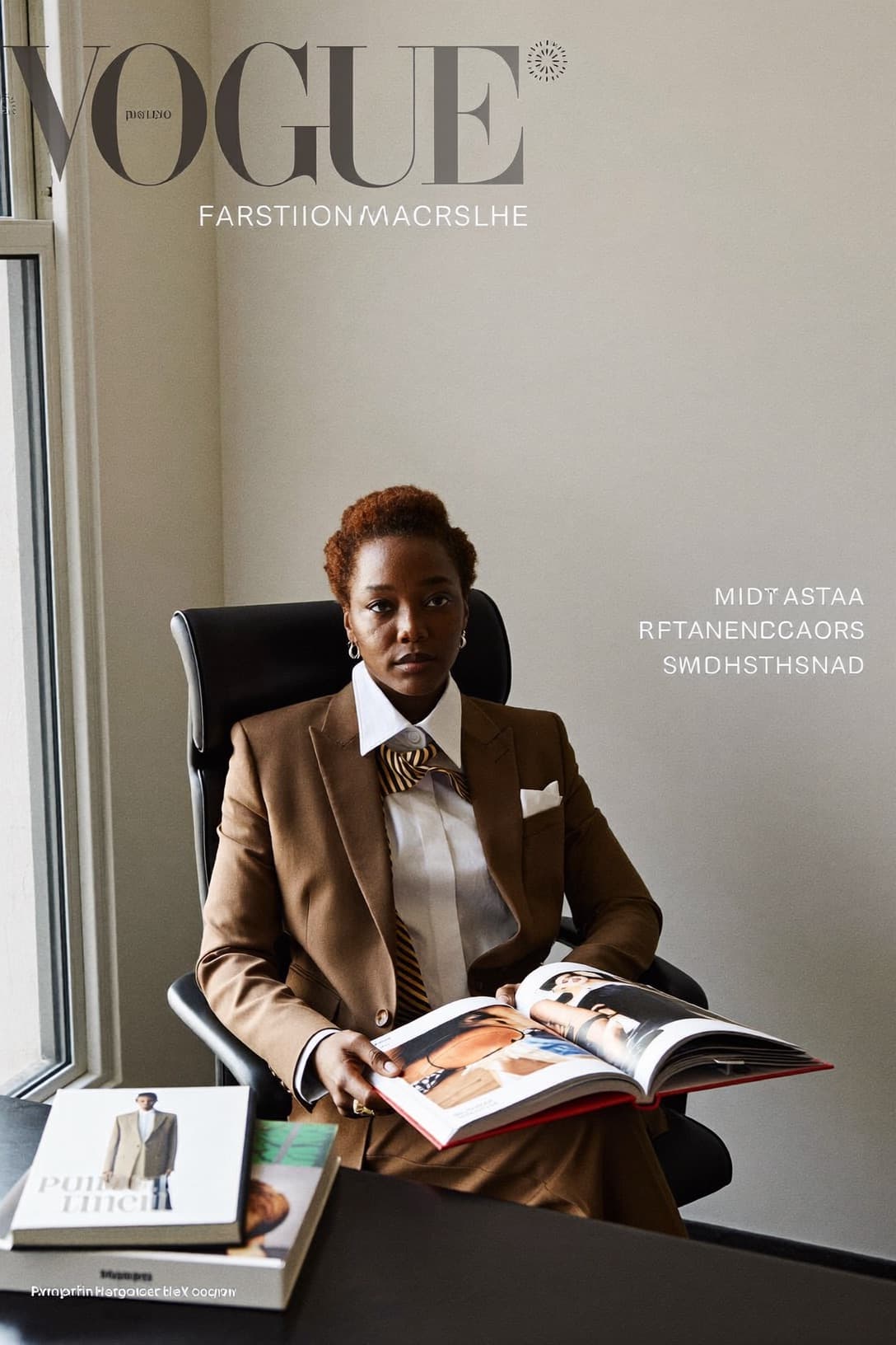 A fashion editor photographed in a cream suit