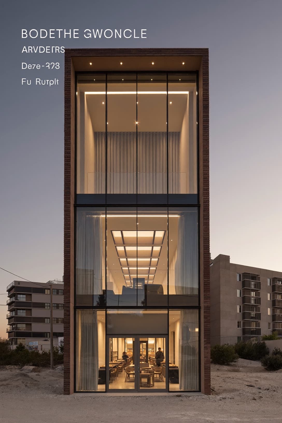 A modern retail facade glowing at dusk