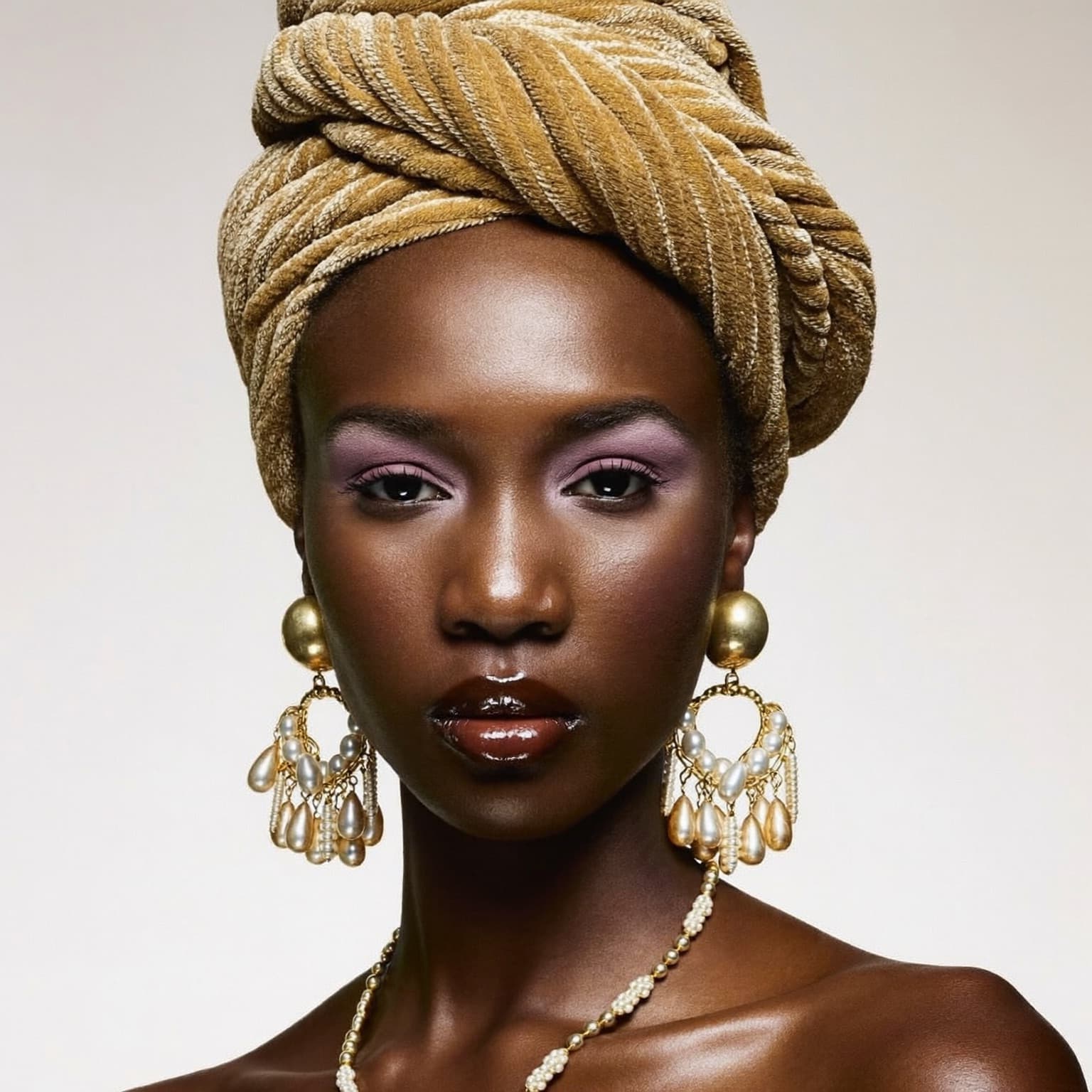 A beauty portrait of a woman wearing a gold gele headwrap