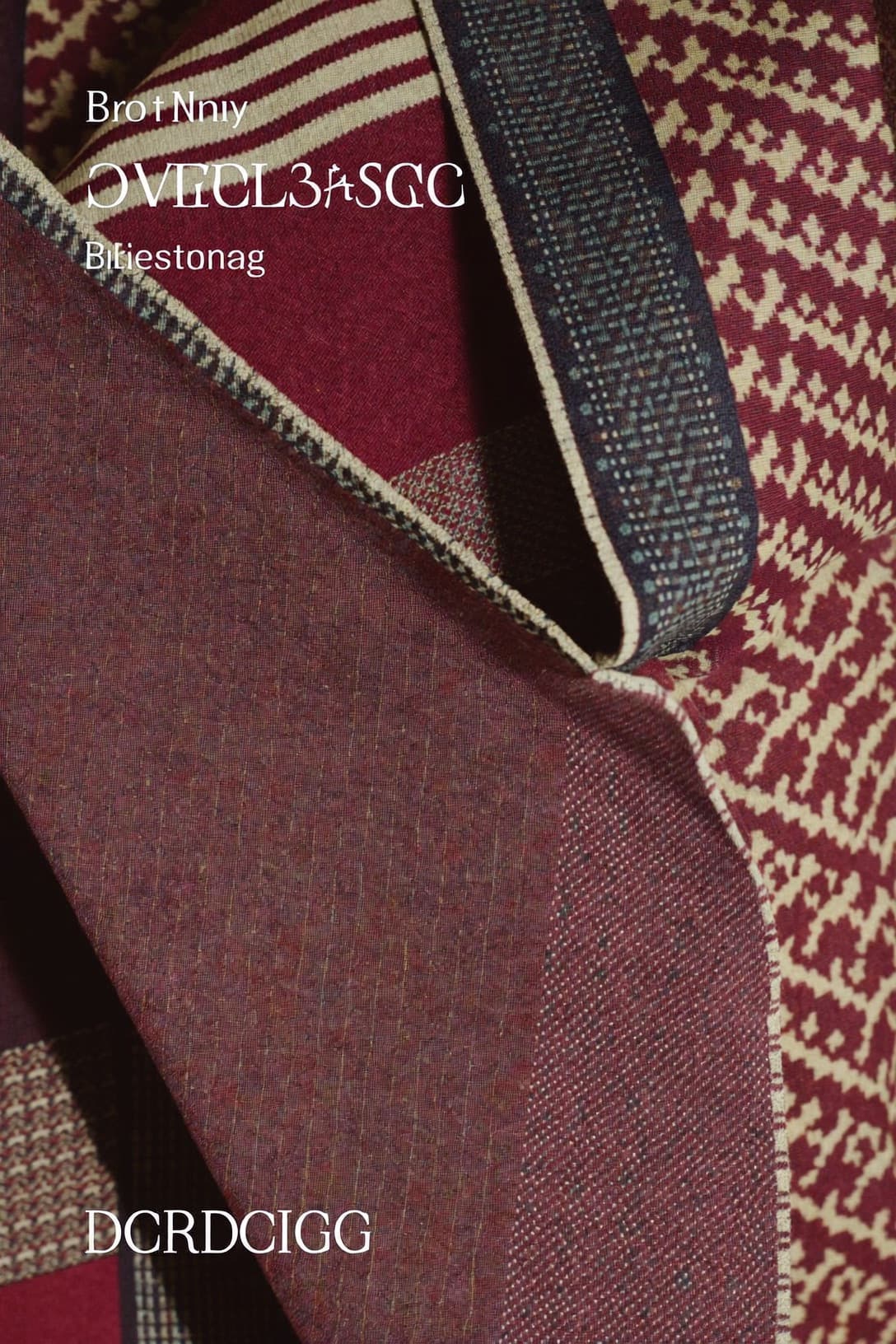 Close-up of a richly woven textile in deep, layered colors.