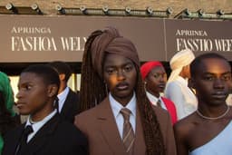 A stylish crowd mingling outside a fashion week venue
