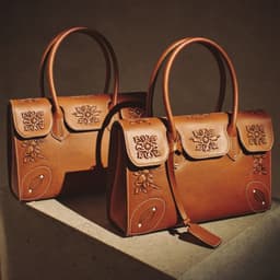 Handcrafted leather bags arranged in a still life