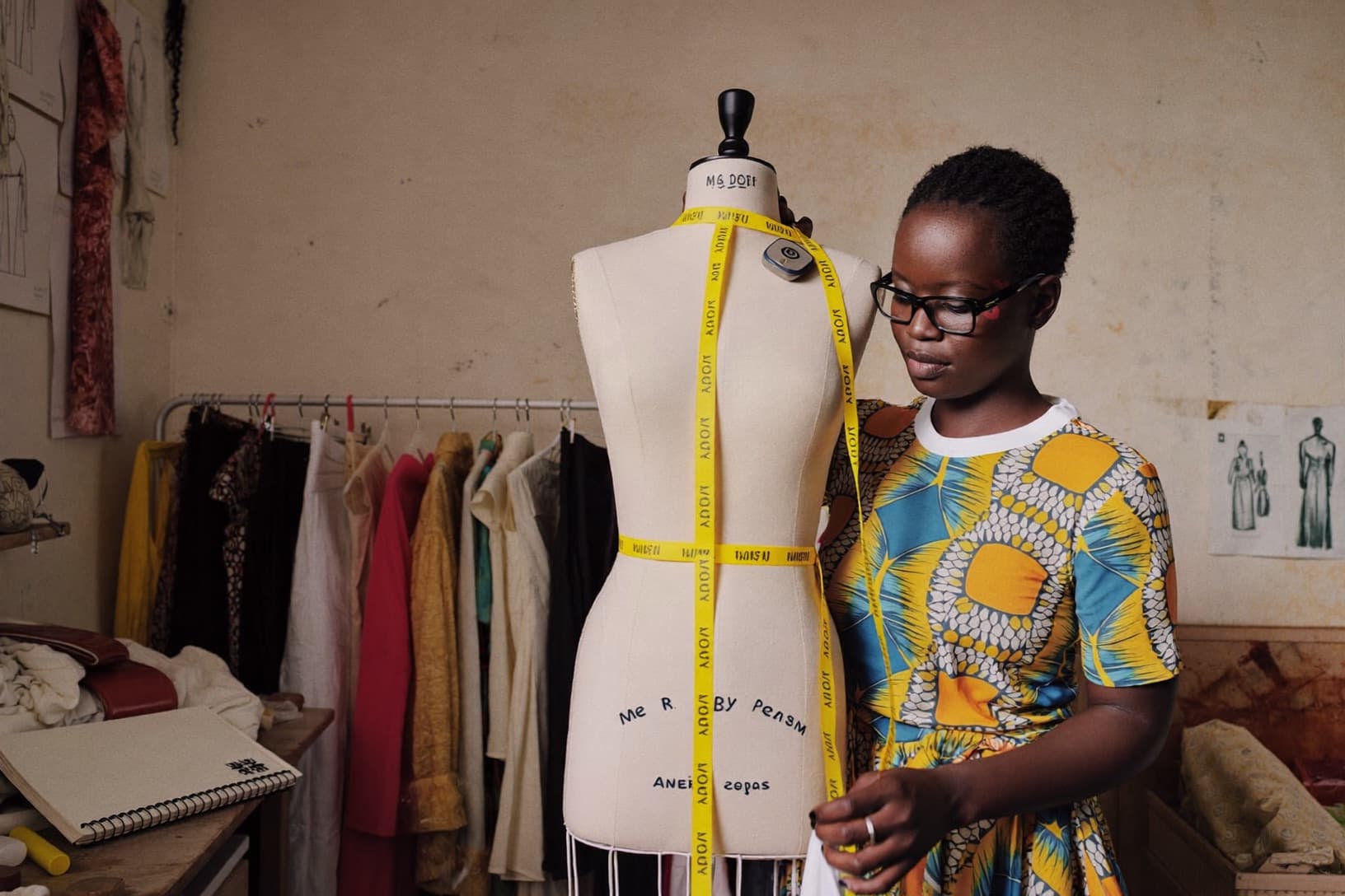 A designer drapes flowing fabric across a dress form in a sunlit atelier.